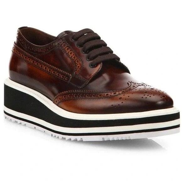 Prada Brogue-Trim Platform Oxford Loafer Brown - 9 - Picture 2 of 4